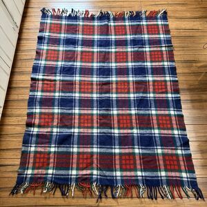 Vintage Wool Blend Navy Red Plaid Throw Blanket Fringed 50”x66” w/Fringe *READ*
